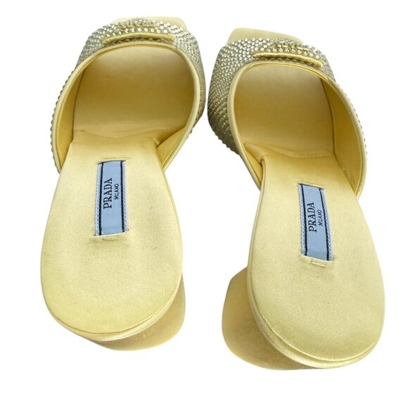 Prada Satin Crystal 1XX642 Ananas Yellow Slide Heel Mules Sandals, 36 & 38 - Picture 6 of 14